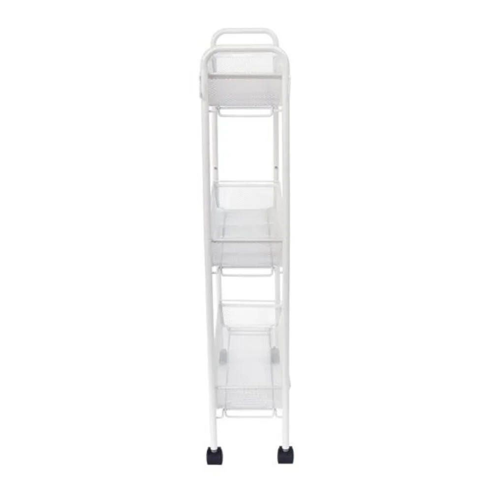 Slim 3-Tier Rolling Bathroom Storage Cart with Hooks, White